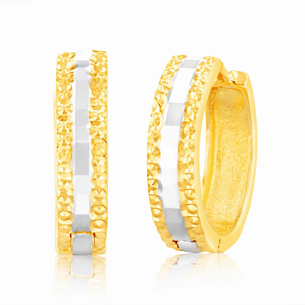 9ct Yellow And White Gold Patterned Fancy Hoops