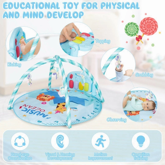 Baby Activity Play Piano Gym Mat With 5 Hanging Sensory Toys-Blue