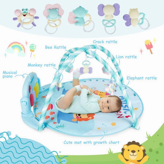 Baby Activity Play Piano Gym Mat With 5 Hanging Sensory Toys-Blue