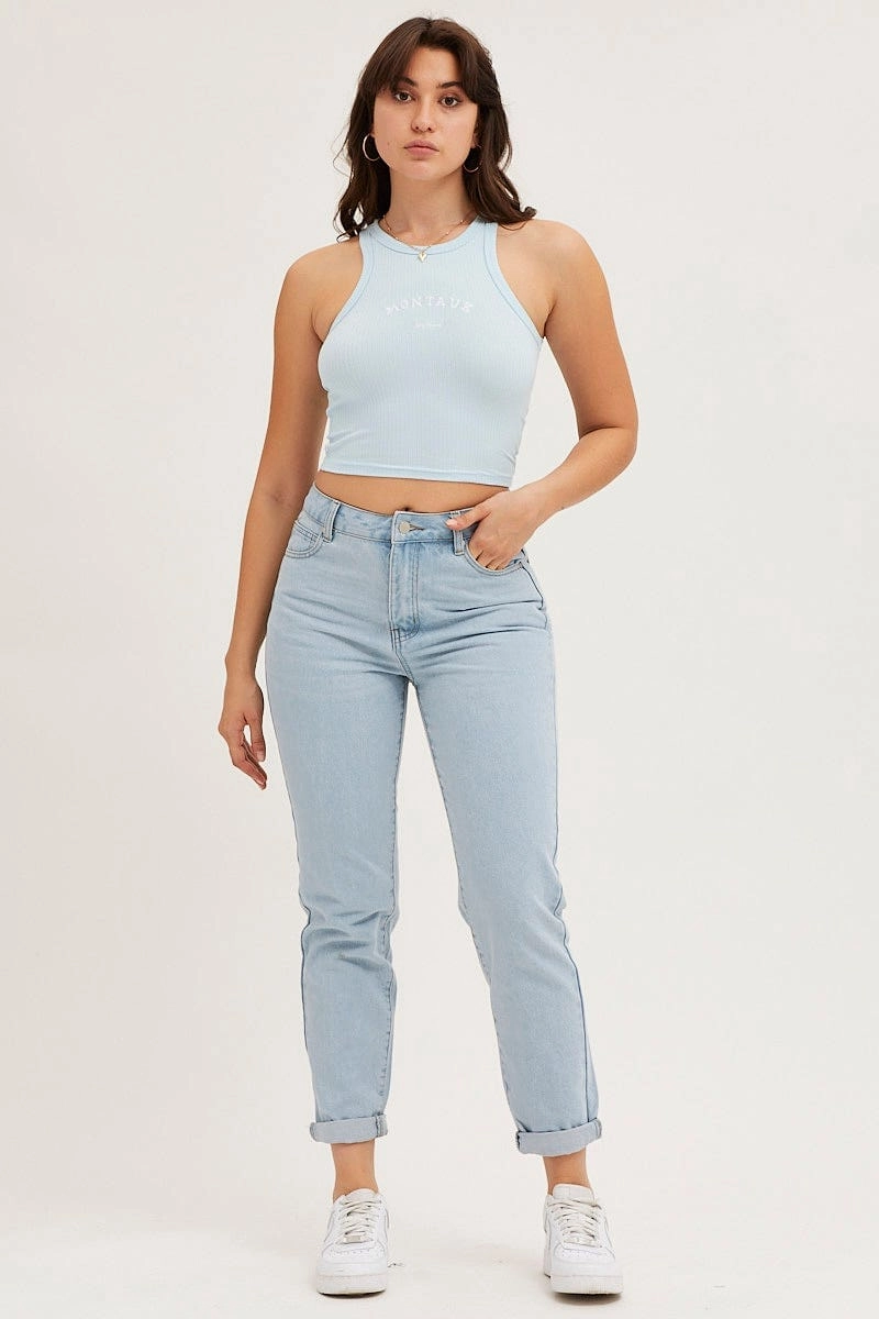Blue Crop Tank Embroided