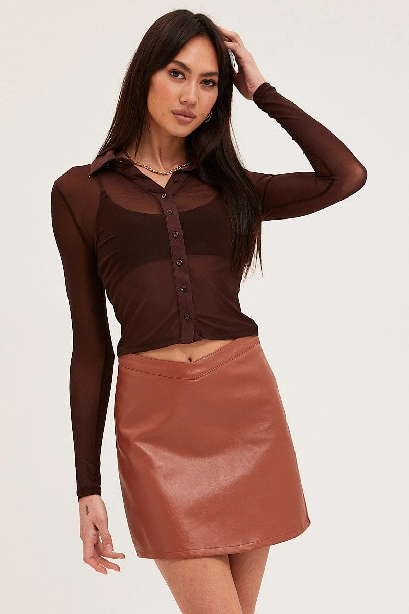 Brown Button Front Top Long Sleeve Mesh