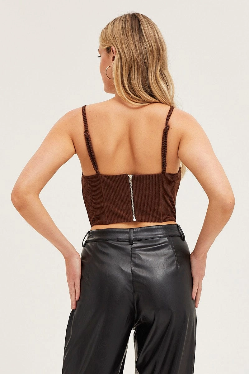 Brown Corset Top Sleeveless Crop Corduroy