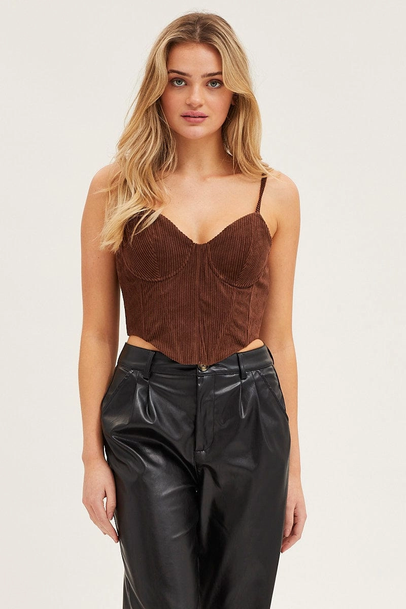 Brown Corset Top Sleeveless Crop Corduroy