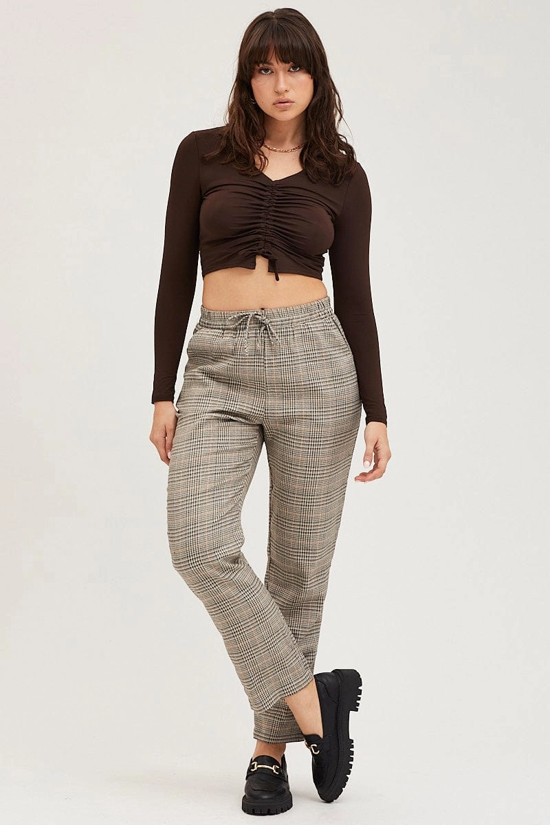 Brown Tie Up Detail Long Sleeve Top