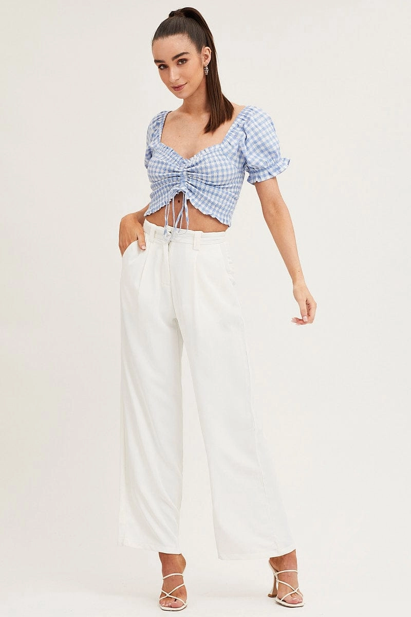 Check Crop Top Short Sleeve Sweetheart Ruched Front