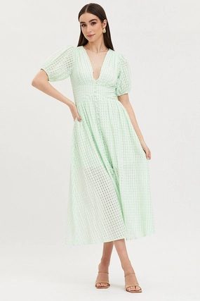 Check Puff Sleeve Midi Dress