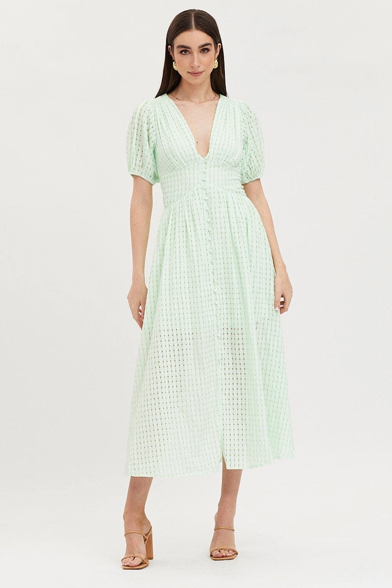 Check Puff Sleeve Midi Dress