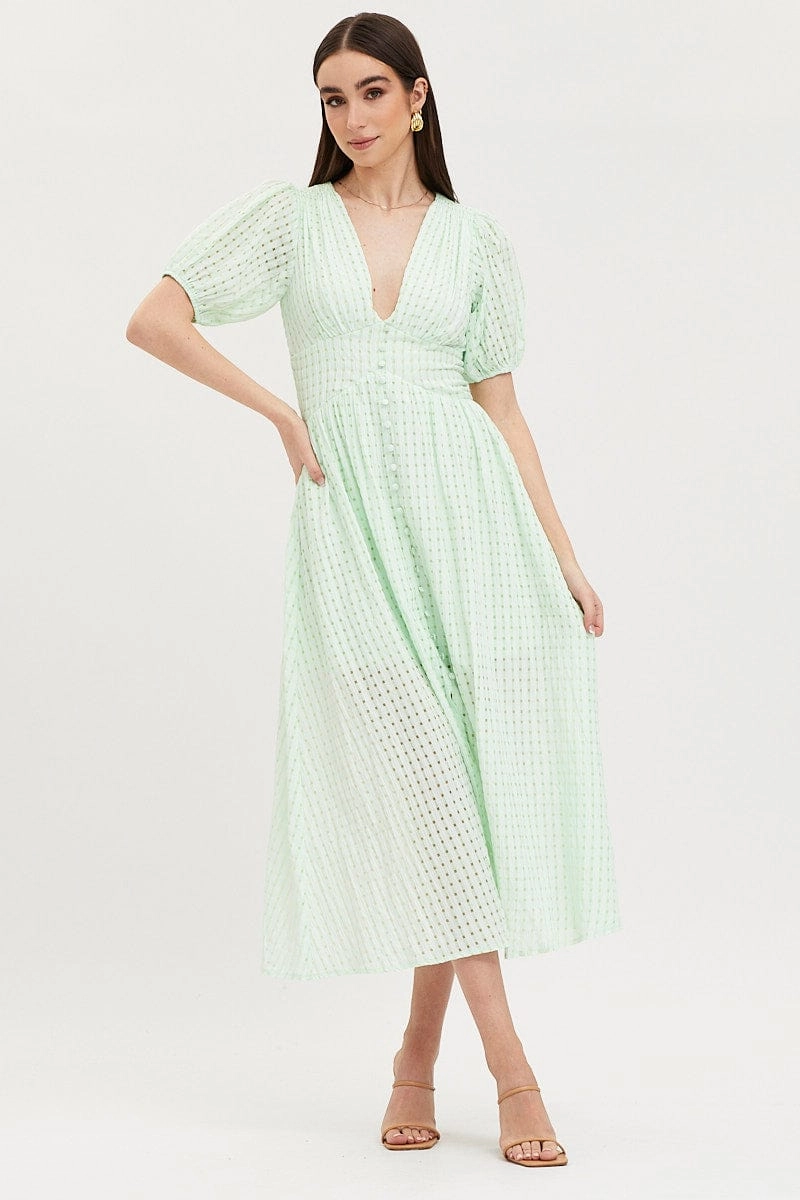 Check Puff Sleeve Midi Dress