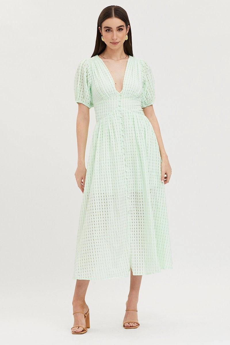 Check Puff Sleeve Midi Dress