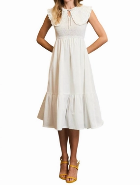 Collared Smocked Midi Dress In Off White
