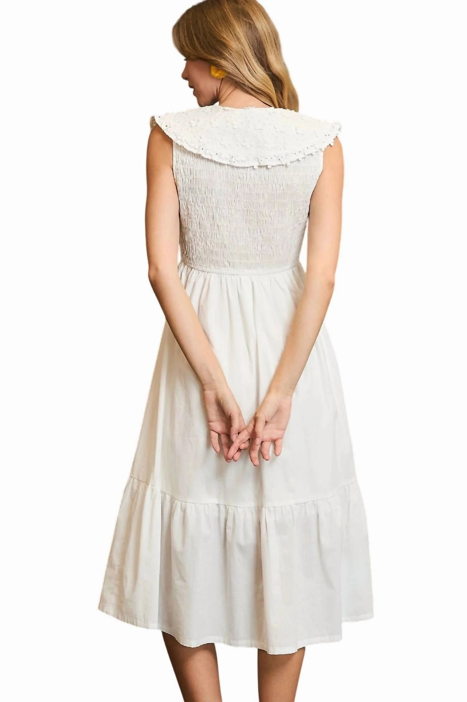 Collared Smocked Midi Dress In Off White