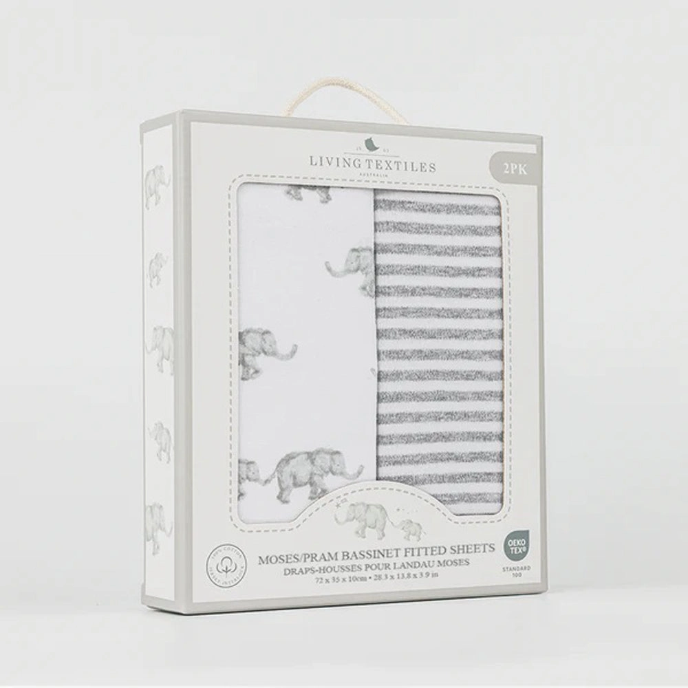 Living Textiles 2pk Jersey Moses/Pram Fitted Sheet Watercolour Elephant