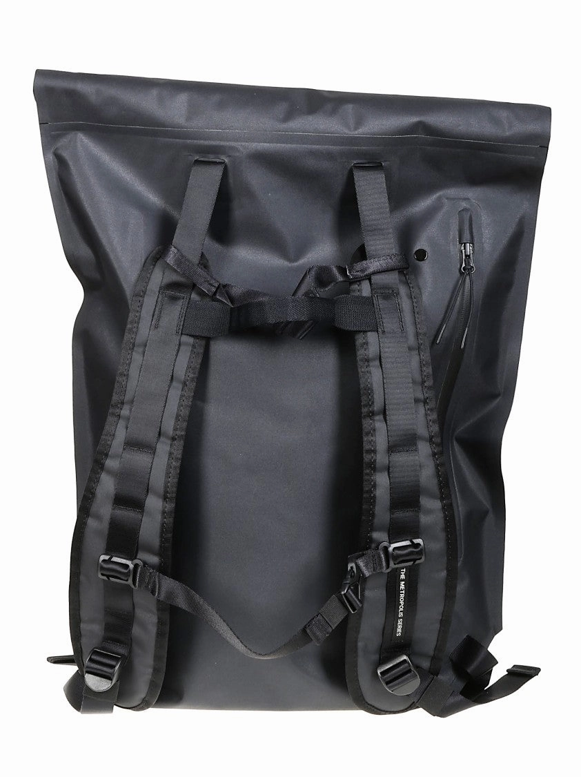 Modern Black Roll-Top Backpack With Mesh Panel