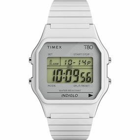 Timex Unisex Watch - T80 White Rectangular Case Steel Bracelet Digital | TW2U93700YB