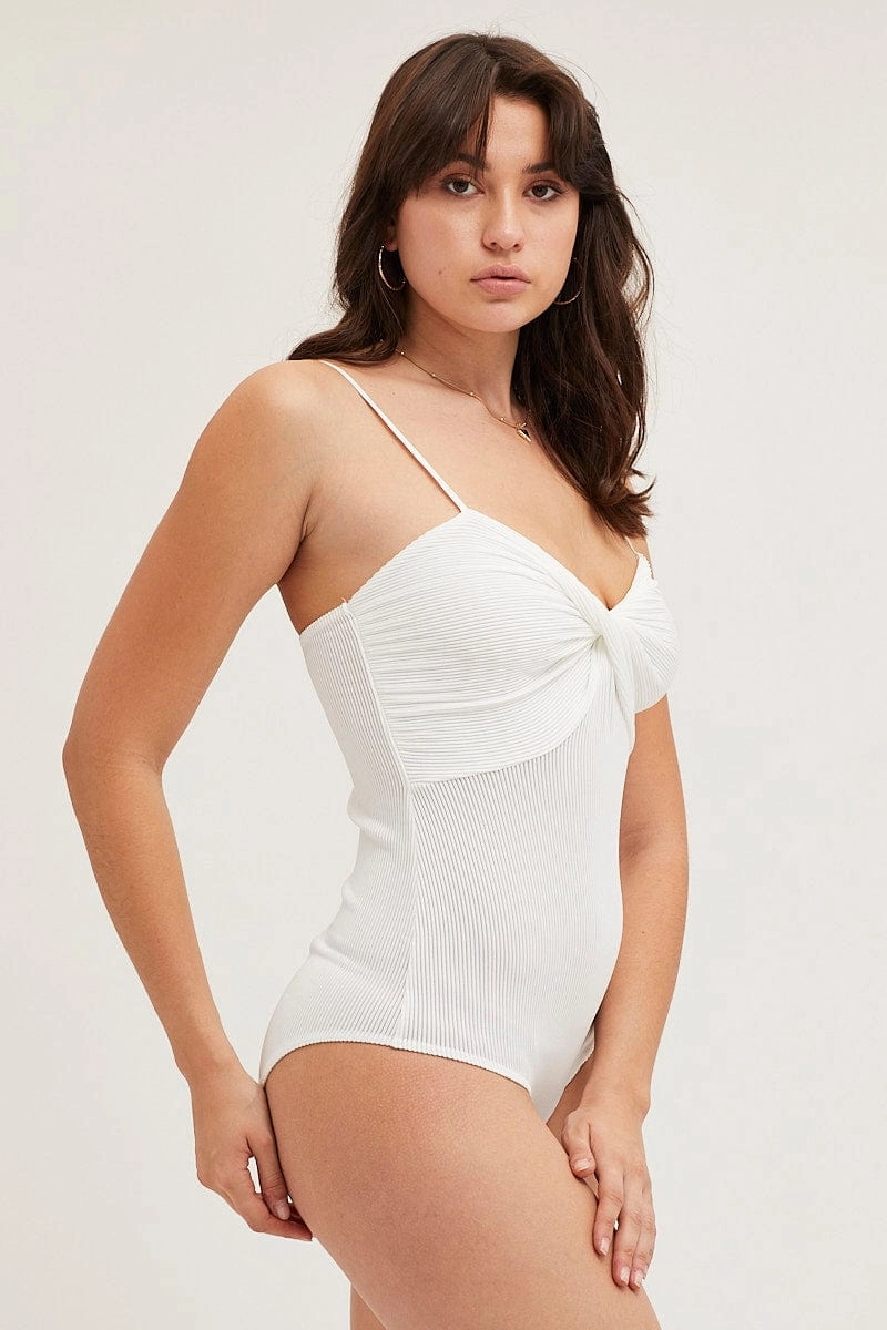 White Ribbed Twist Front Bodysuit